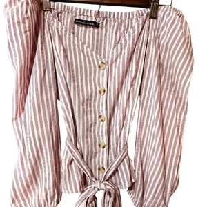 Abercrombie Fitch  Cropped Striped Beachy Puffy Sleeve Button Down Tied Top
